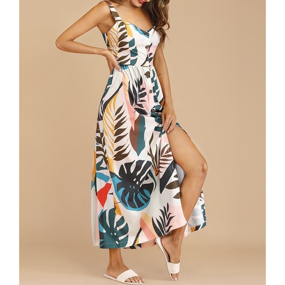 Off White Tropical Print Button Down Maxi Dress - Picture 4 of 6